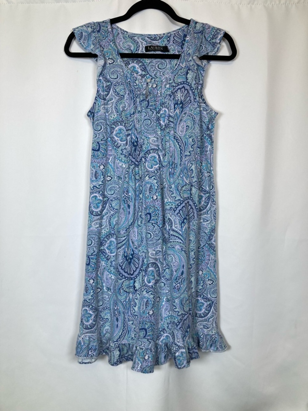 EUC Lauren Ralph Lauren Blue Paisley Sleeveless Ruffle Nightgown Nap Dress Sz Sm